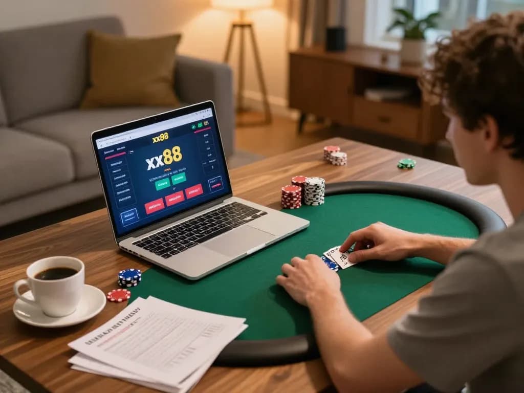 Engaging in strategic poker gameplay on xx88 online platform in a cozy living room setting.