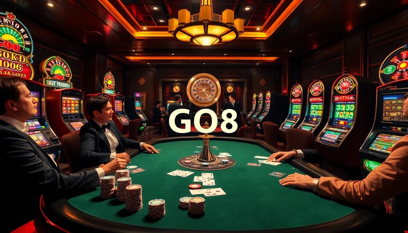Players enjoy a thrilling game of cards in a luxurious casino setting incorporating GO8 elements.