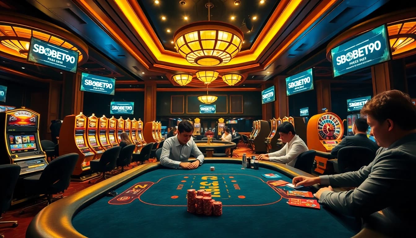 SBOBET90 betting action at a luxurious casino poker table with players engaged in high-stakes play.