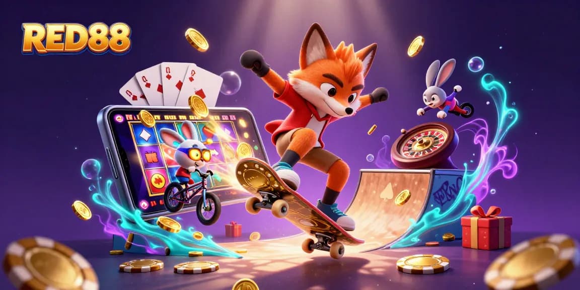Catch the action with RED88's vibrant 3D illustration showcasing a skateboarder fox flipping over poker chips amidst dynamic casino elements.