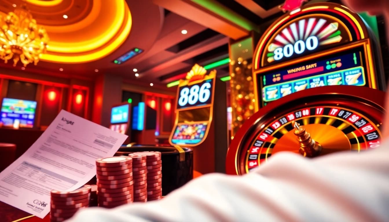 Experience the thrill of king88 with poker chips and a roulette wheel in a luxurious casino setting.