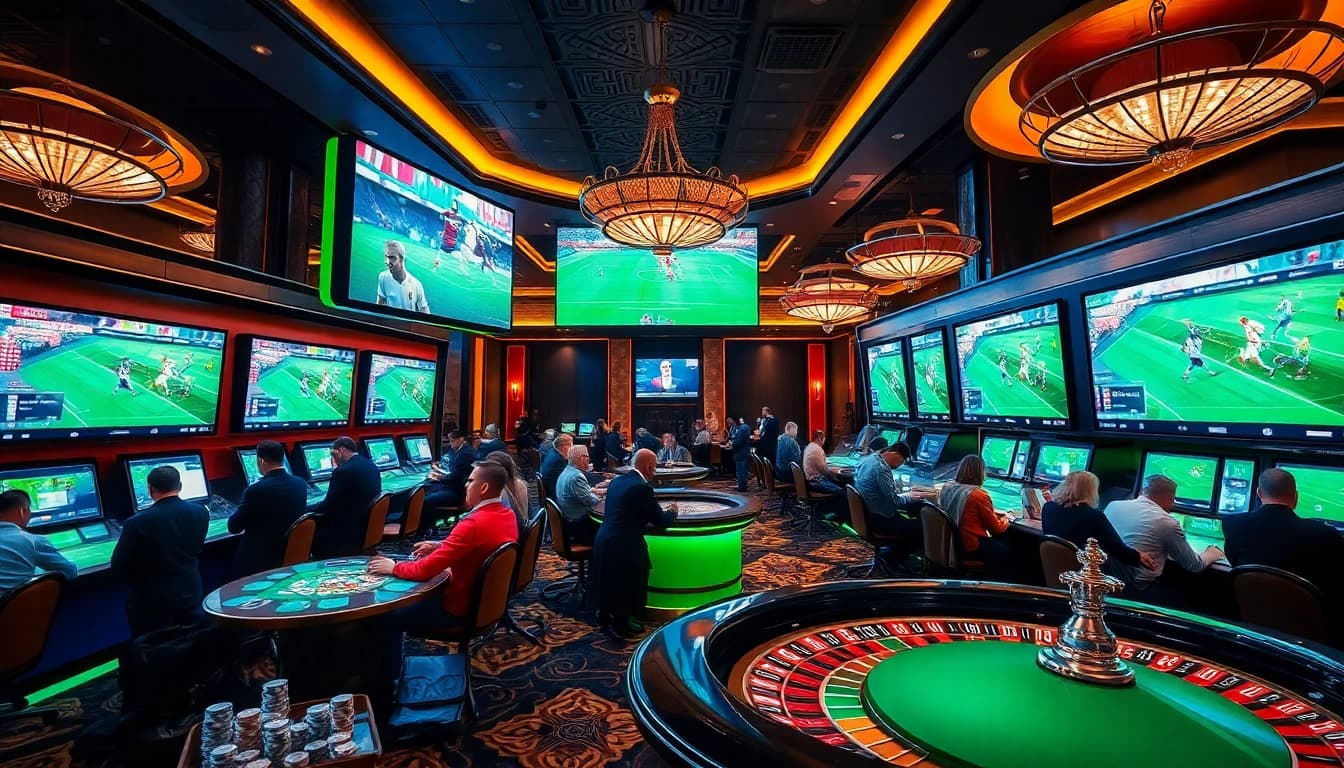Situs Judi Bola Terbesar Di Dunia showcasing vibrant betting action with eager gamblers in a luxurious casino setting.