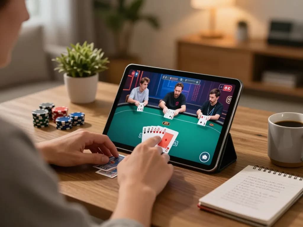 8xbet players engaging in exciting online poker on a tablet, showcasing the thrill of responsible gaming.