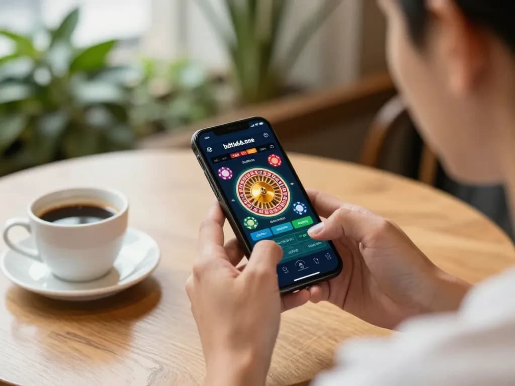 Experience mobile gaming excitement with bdtk66.one as user engages with casino app at café
