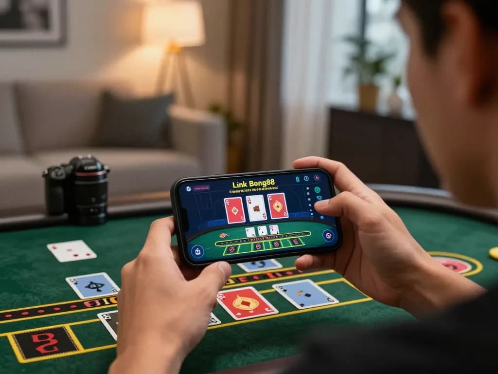 Experience thrilling online gaming with Link Bong88 on a smartphone in a stylish living room.
