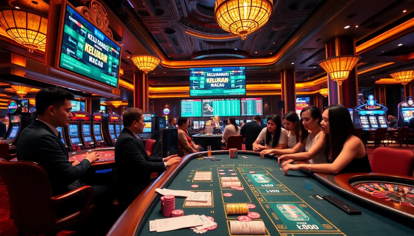 Keluaran Macau results displayed at an exciting casino table with vibrant betting slips and chips.