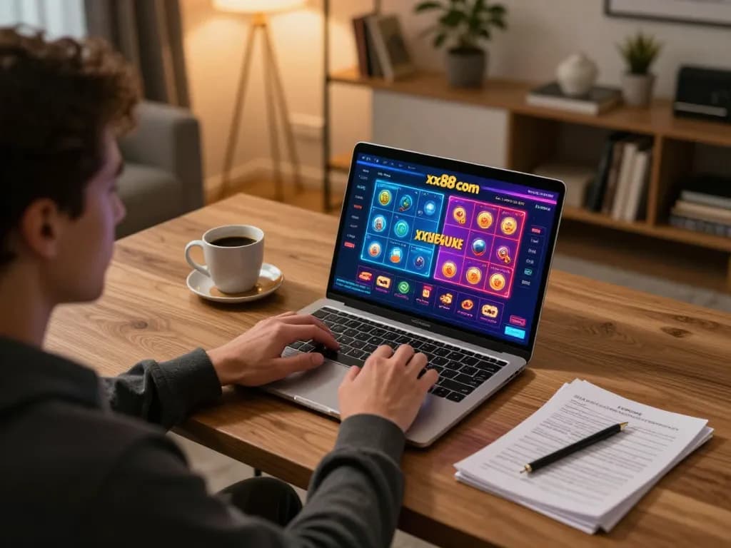 Engaged user playing games at xx88 com on a laptop in a stylish home setup
