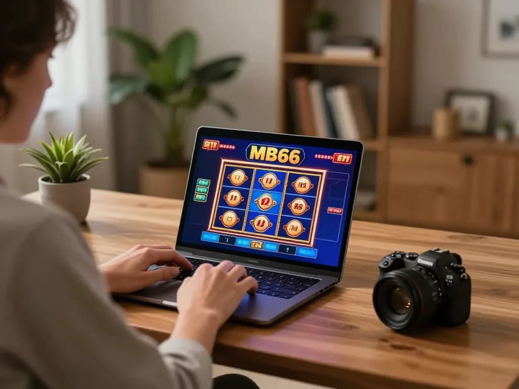 Engaged player enjoying slot games on MB66 online casino platform in a cozy home setting.