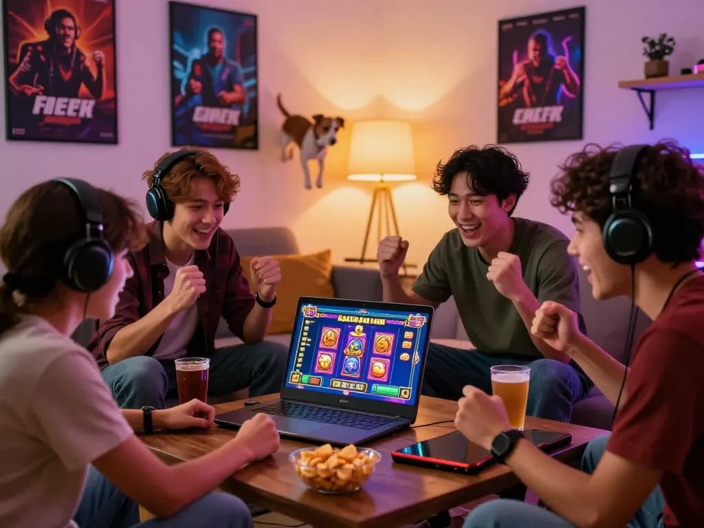 Pemain yang bersemangat menikmati slot gacor hari ini di laptop ruang tamu yang nyaman, camilan di meja, dan grafis permainan yang hidup.
