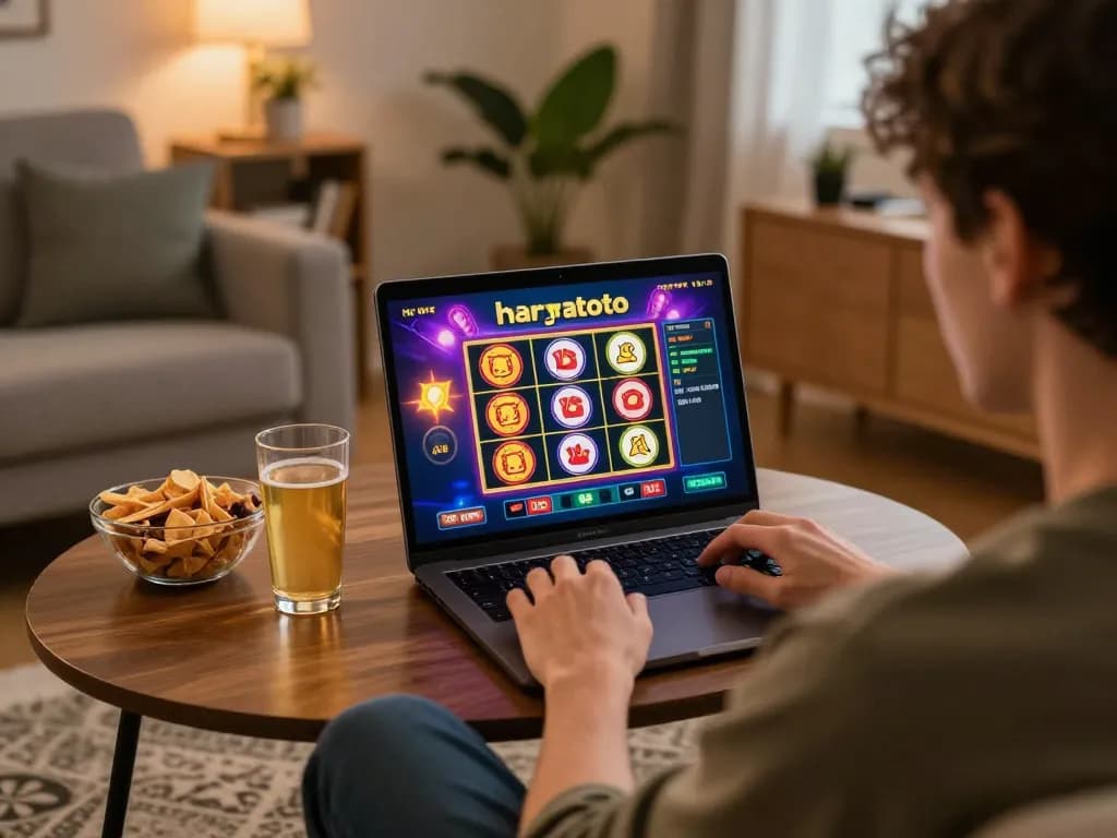 Berinteraksi dengan hargatoto slot dalam suasana rumah yang nyaman, menekankan strategi permainan online.