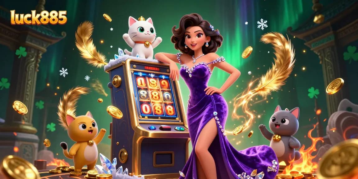 Experience luck885 with the stunning jackpot scene featuring a glamorous woman and fortune cat.