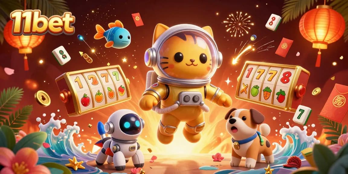 Engage with 11bet's exciting gaming universe featuring vibrant slot reels and characters in a dynamic casino scene.
