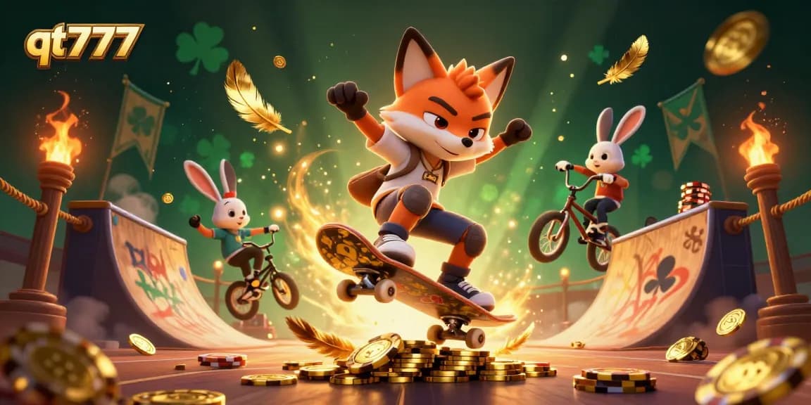 Experience the thrill of qt777 in this dynamic illustration featuring a skateboarder fox and BMX rabbit in a vibrant casino scene.