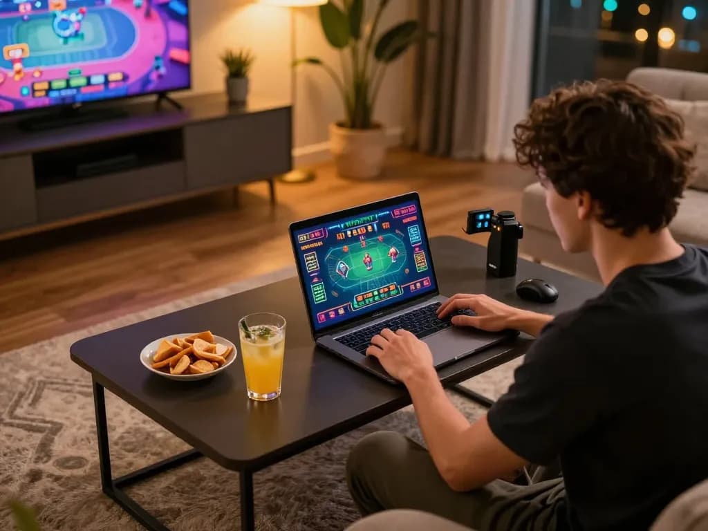 hm88 player engaging in live dealer game with vibrant online interface and modern home setup