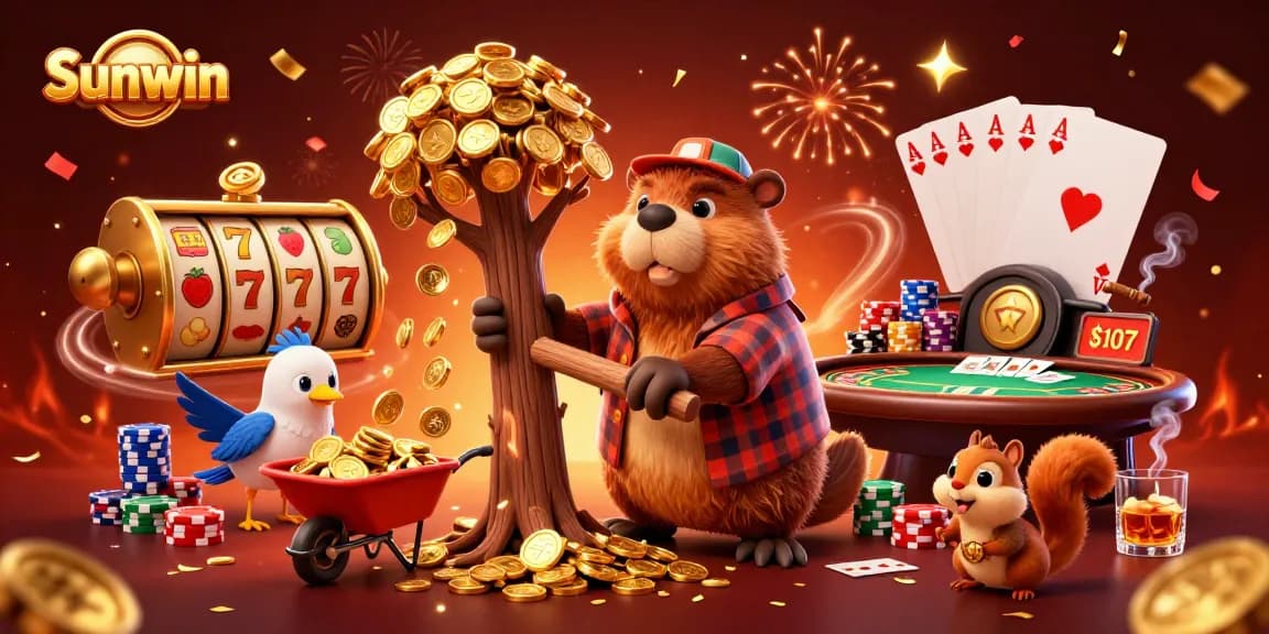Experience thrilling wins at Sunwin with a beaver, bird, and squirrel in a vibrant casino scene.