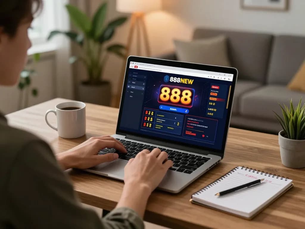 Playing casino games on 888NEW with a laptop and notes, showcasing an active online gambling scene
