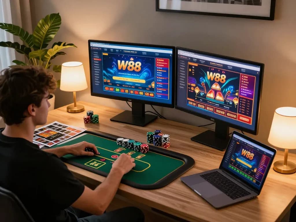 Player enjoying W88 online poker game on a modern desktop setup with strategy tools.