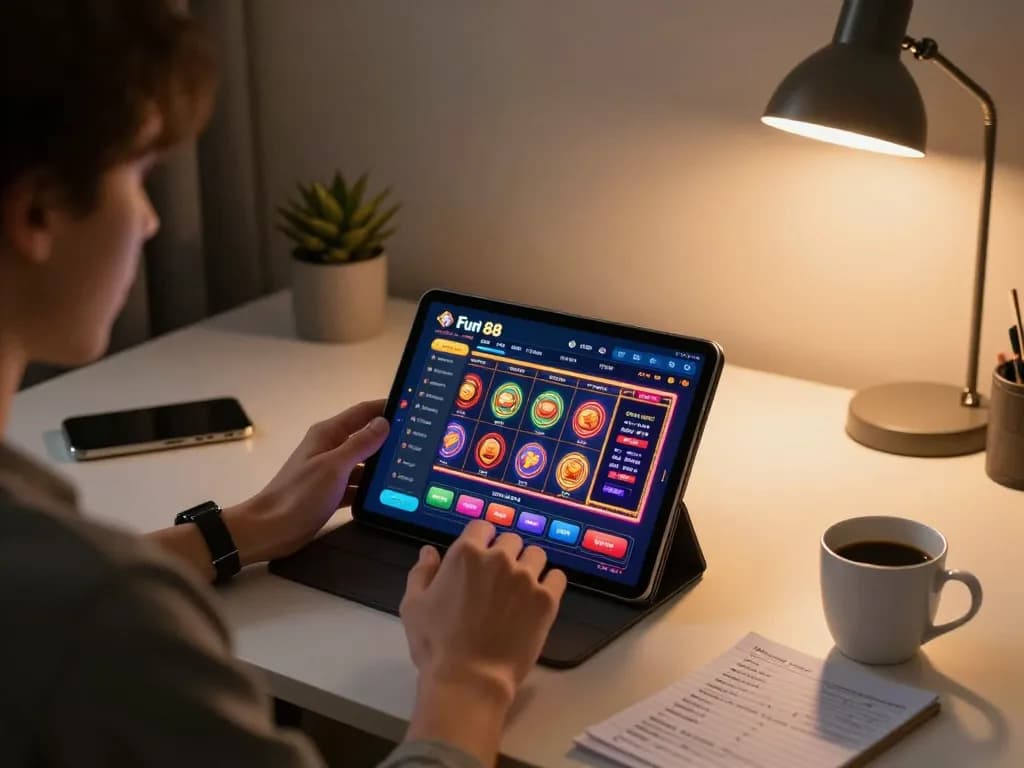 Experience Fun 88 on tablet in a stylish home office, showcasing engaging online gambling.