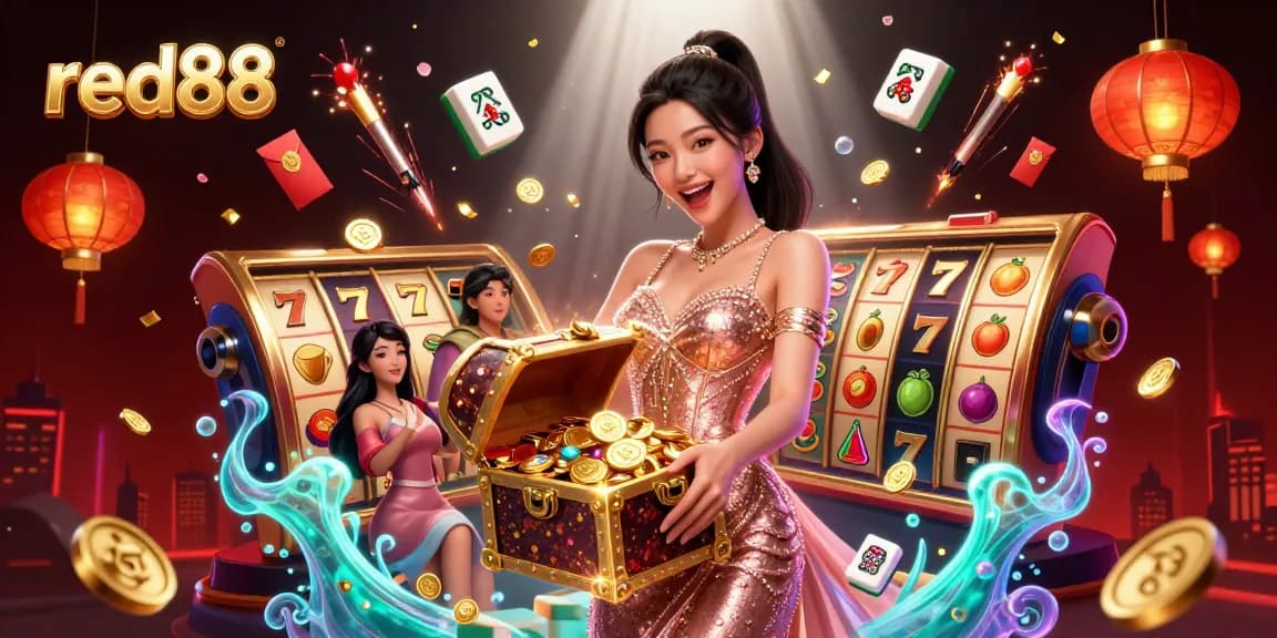 Experience excitement at red88 casino with stunning visuals of treasures and game elements in a vibrant scene.