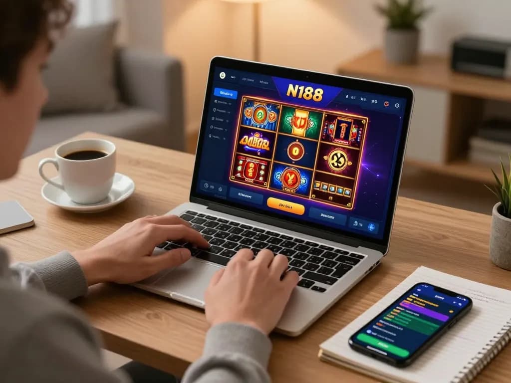 N188 online gambling experience with a player engaging on a laptop showing diverse games and strategies.