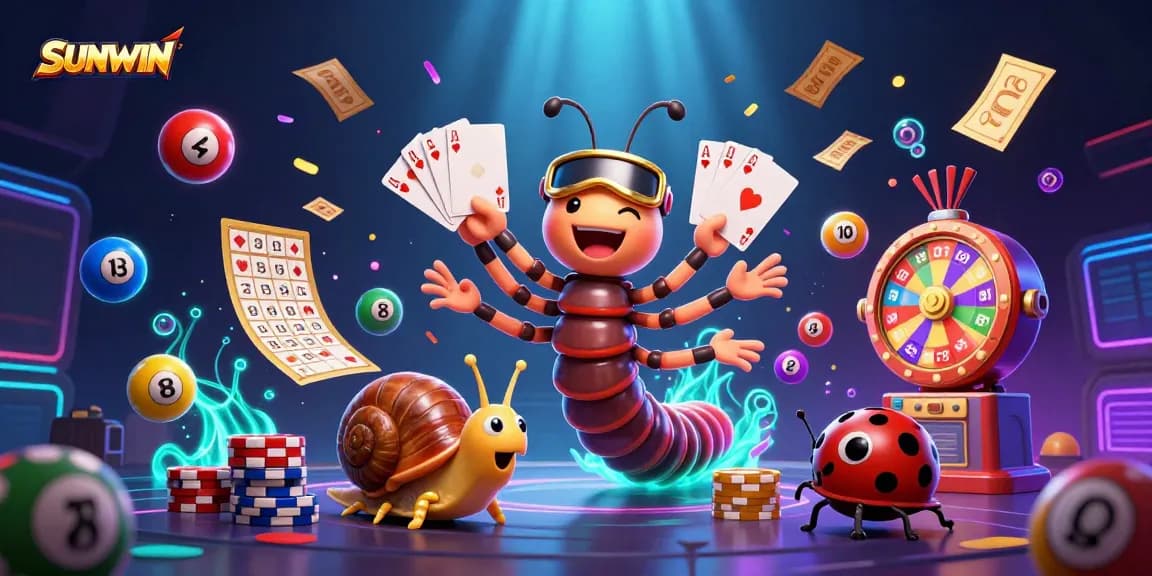 SUNWIN casino fun with animated millipede dealer, snail high-roller, and pill bug in action