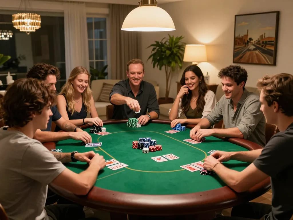 Engaged friends playing poker at home, showcasing strategic gameplay at a dr88 table.