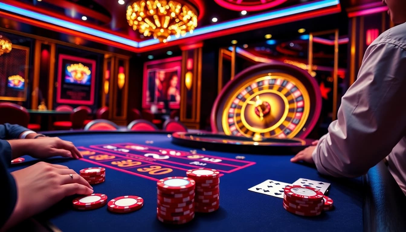 Casino excitement at Xin88 with poker chips and players engaged in thrilling card games.
