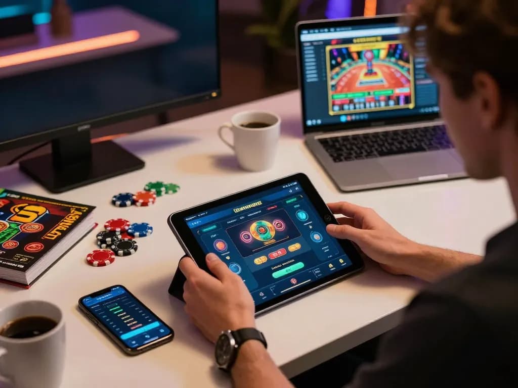 Player engaging with the 123bmvp casino app in a cozy home office setting, emphasizing strategic gameplay and responsible gaming.