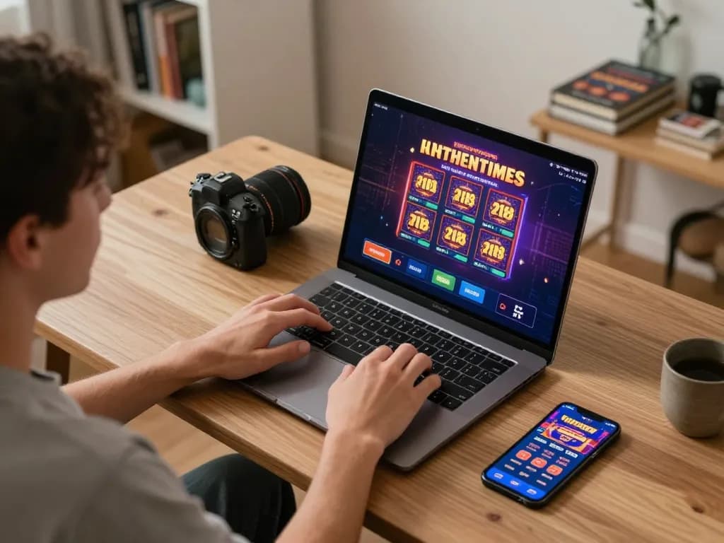 Berinteraksi dengan slot online tokyo88 di laptop, menampilkan lingkungan bermain yang nyaman.