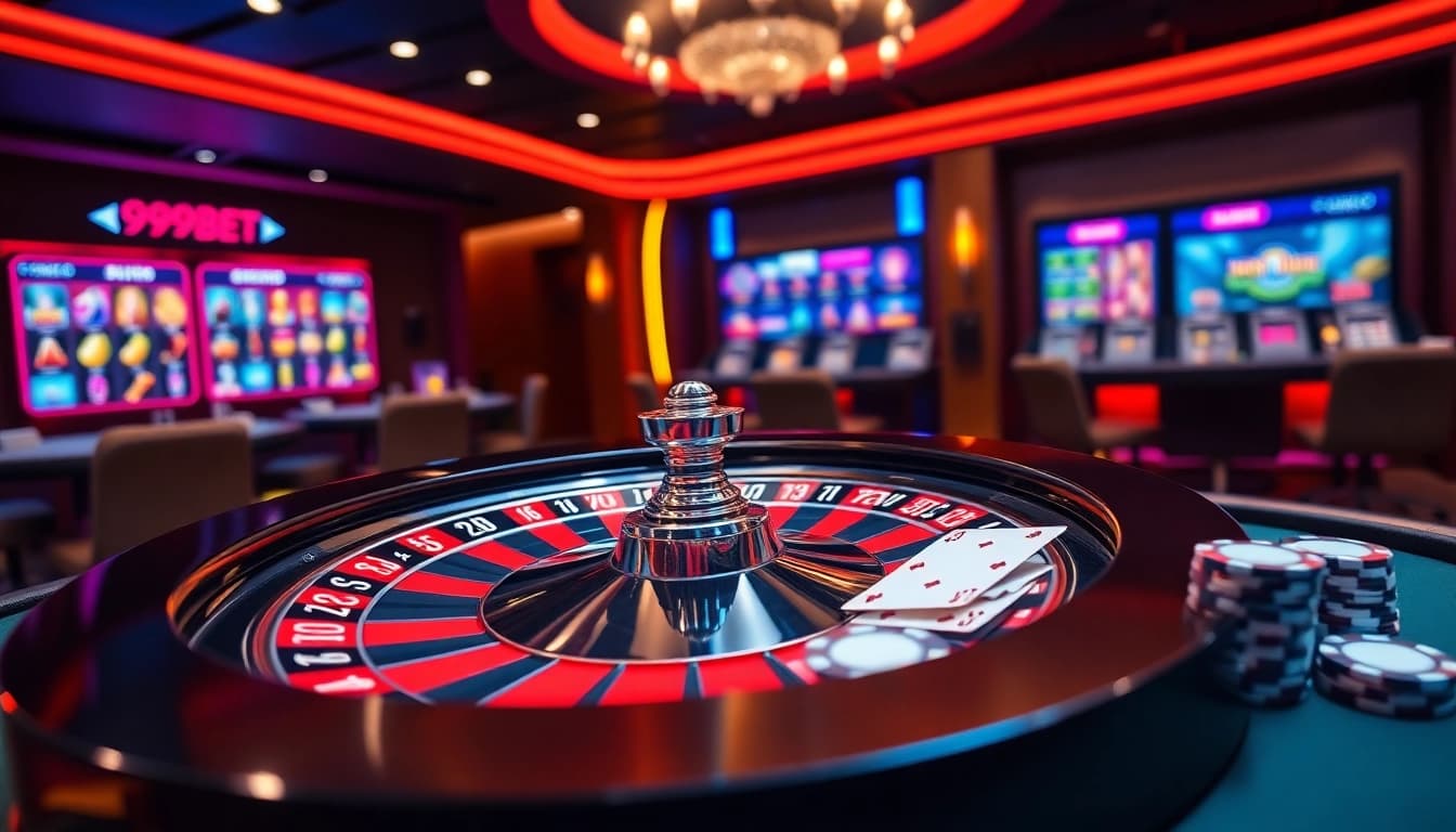 Experience the thrill of 999BET with an elegant online casino scene showcasing roulette, poker chips, and digital slot games.