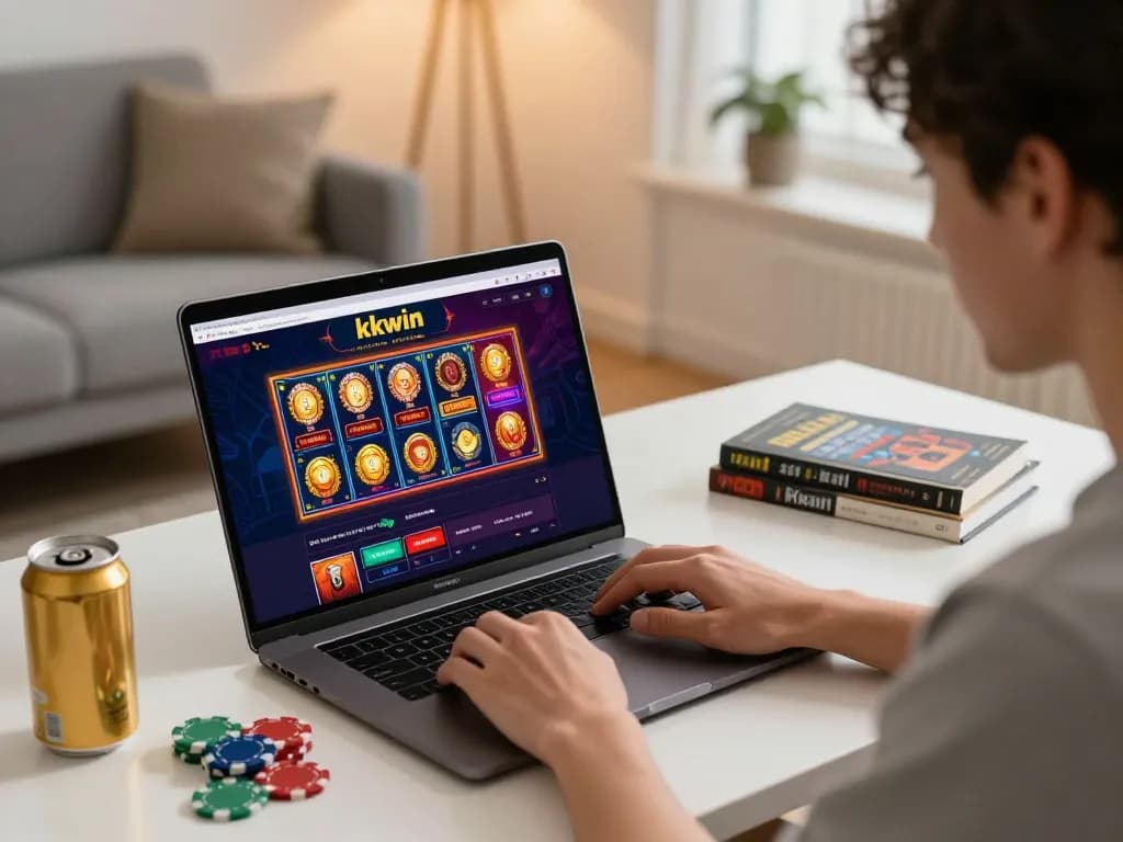 Player engaging with kkwin casino online interface on laptop, surrounded by casino chips in a stylish home setup.