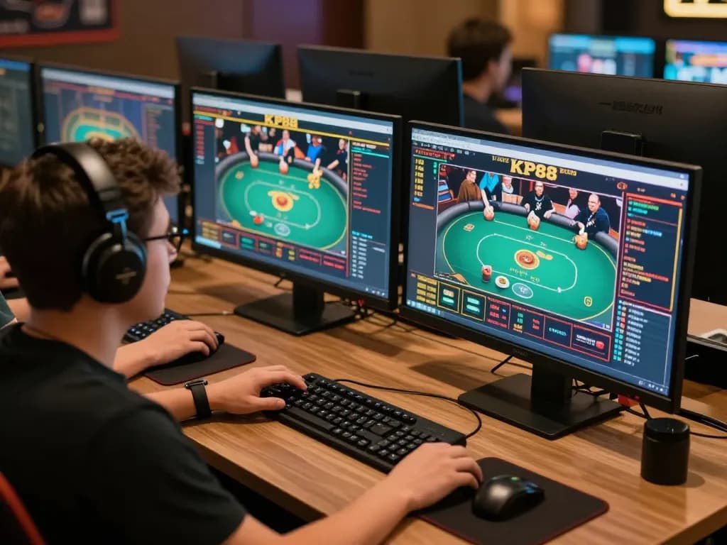 Engaging online poker gameplay on KP88 platform with multiple screens and organized workspace.