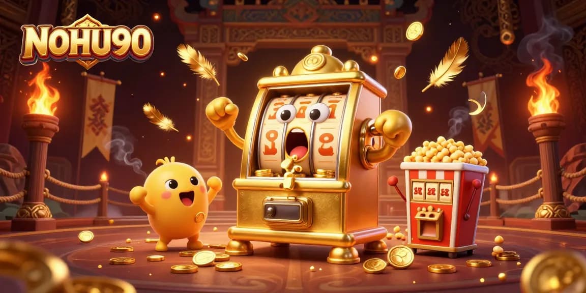 NOHU90 jackpot excitement with a golden slot machine celebrating wins alongside baby machines and popcorn