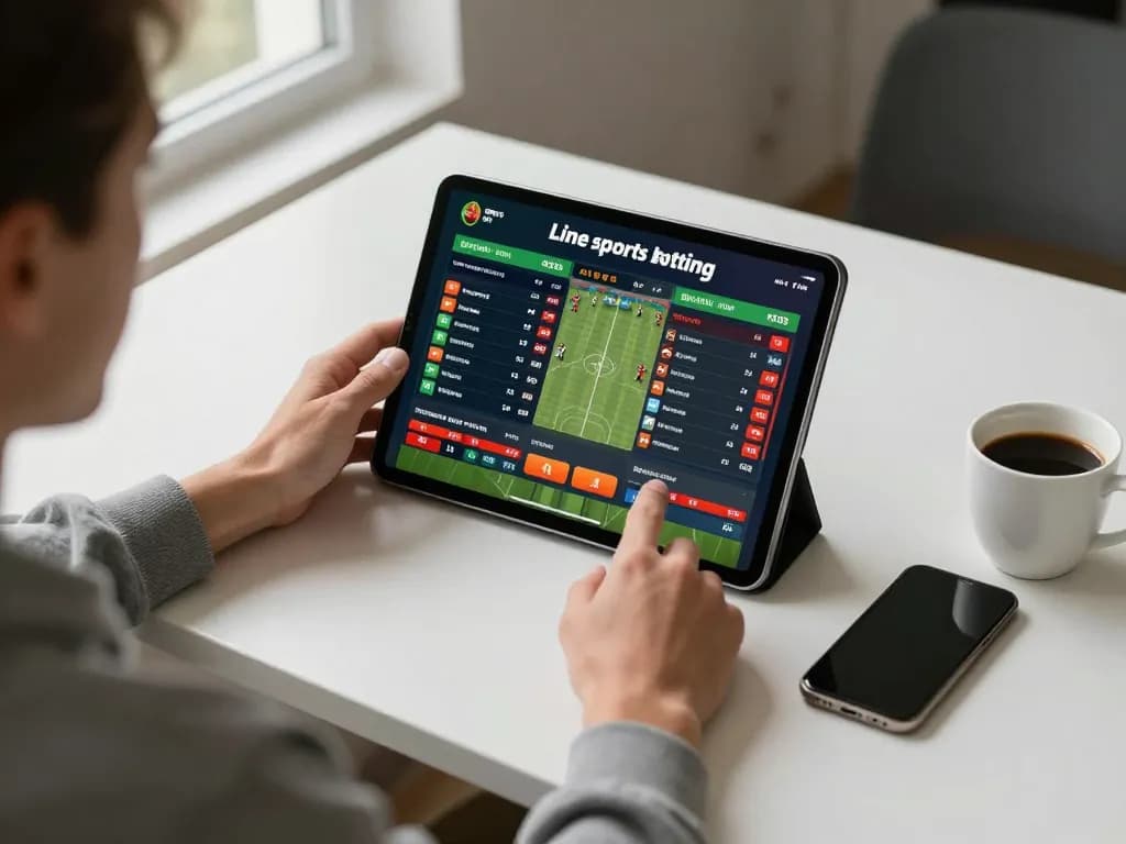 Engaged player using nk88 platform for strategic sports betting on tablet in a cozy home office