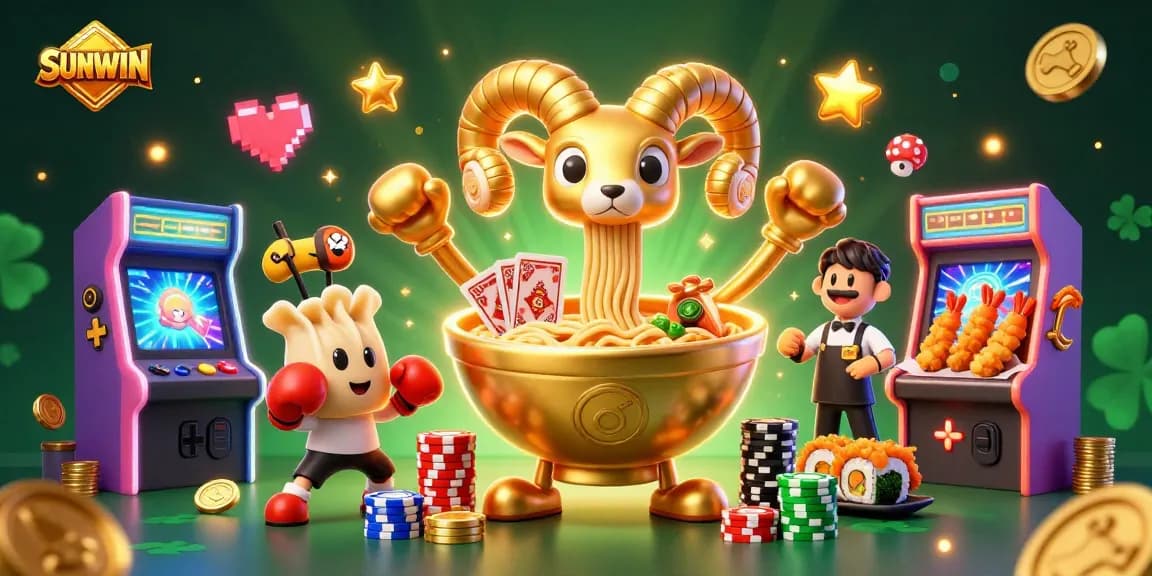 SUNWIN offers a colorful casino experience with a giant ramen bowl character dealing cards and stacking chips amidst festive game elements.