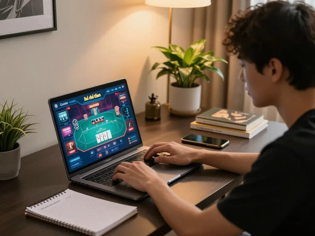 Engaged player enjoying game bài đổi thưởng on laptop with poker interface displayed, showcasing online gambling excitement