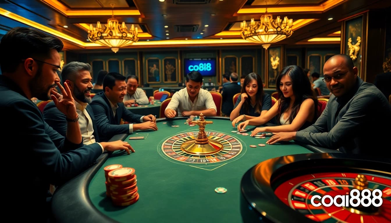 Engage in a thrilling casino atmosphere with focused players at poker tables, vibrant co88 branding visible.