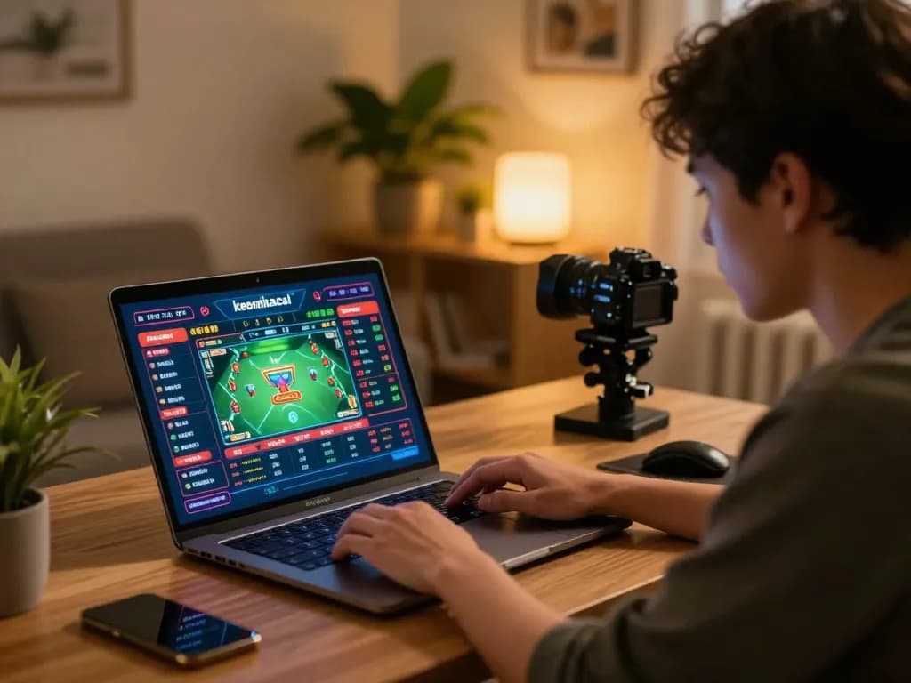 Person analyzing keonhacai betting odds on a laptop in a cozy home gaming setup.