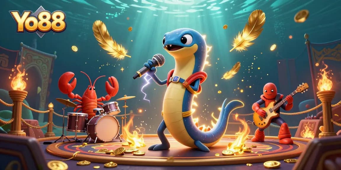 Experience thrilling gaming at Yo88 underwater casino with electric eel DJ and vibrant action.