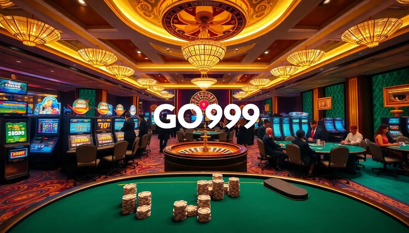 Excited players engaging in gaming at GO99 casino, featuring rich slot machines and betting tables.