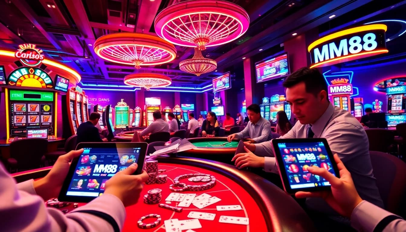 MM88 online gambling experience with vibrant casino atmosphere showcasing games and players engaged in action.