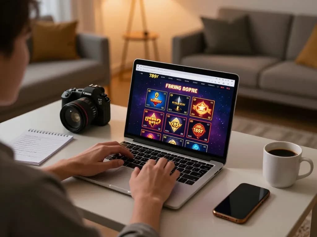 Engaging online gaming moment featuring the 789f site displayed on a laptop at home, showcasing strategic gaming setup.