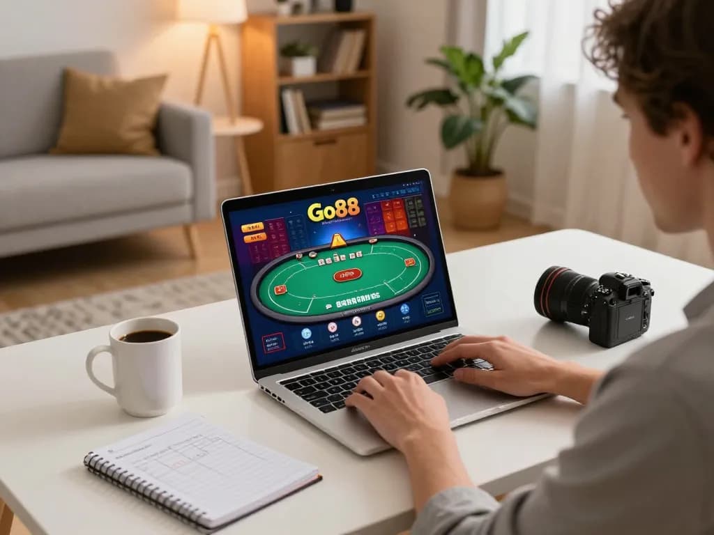 Playing Go88 poker online with a strategic notebook in a cozy home setup.