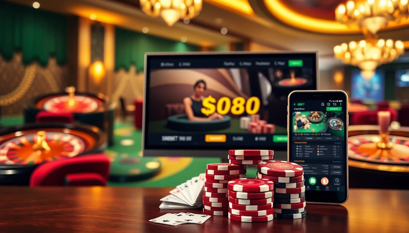 SBOBET90 online betting interface amidst luxurious casino elements, inviting excitement and professional gambling.