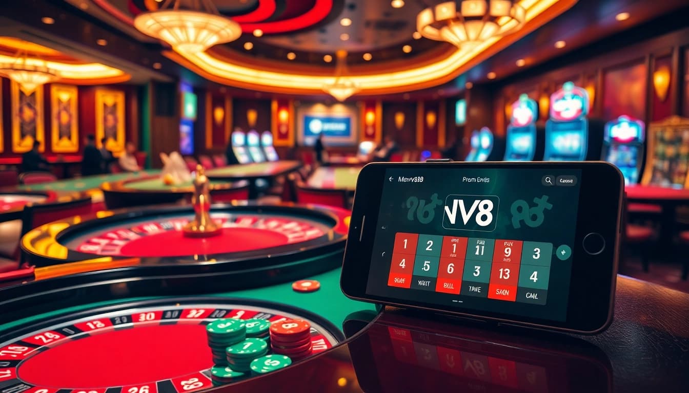 Experience the excitement of mv88 at a luxurious casino with roulette tables and lively players.
