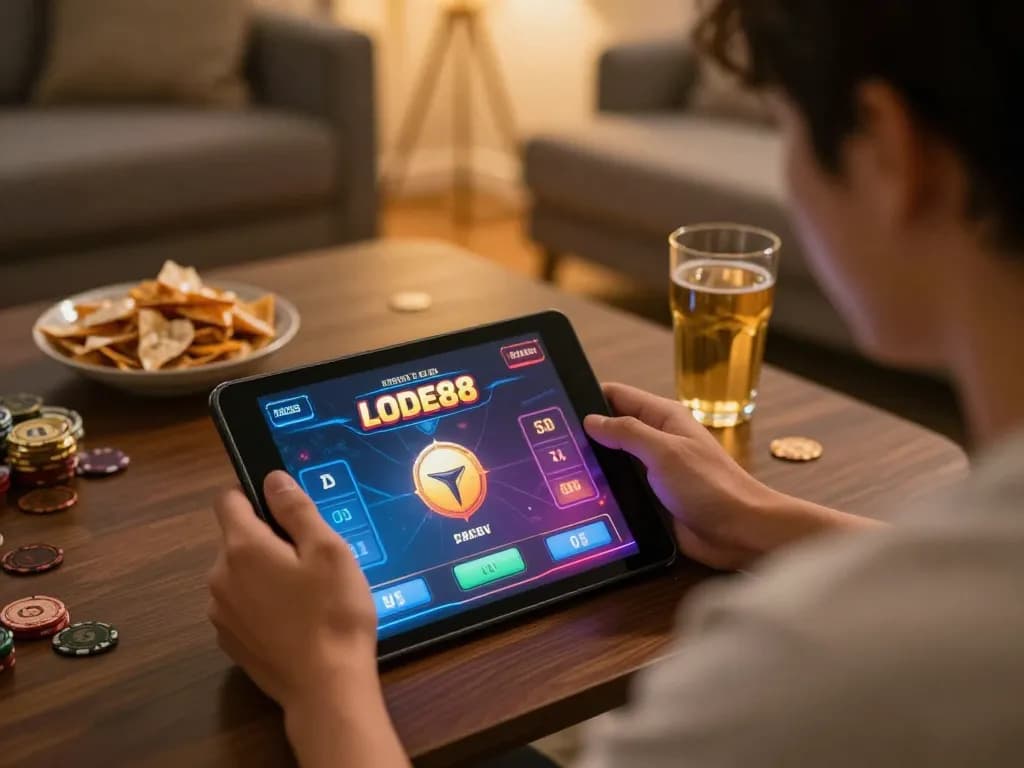 Player engaging with LODE88 casino app on tablet, demonstrating responsible gaming and strategic play.