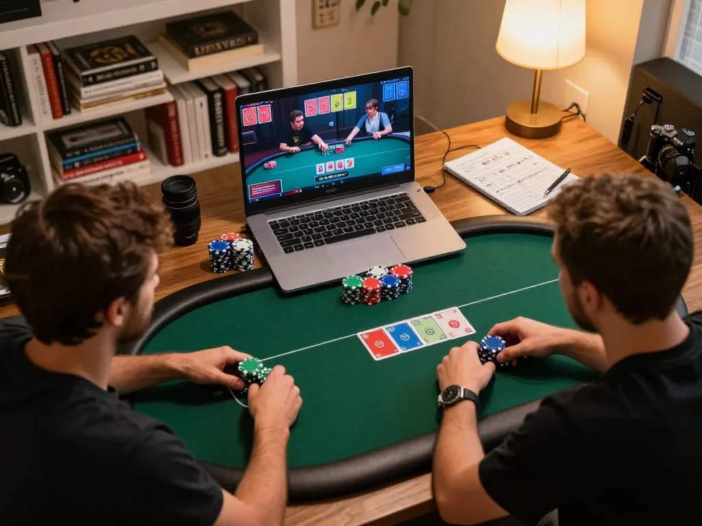 Engaged player strategizing in an online game of poker, showcasing key hands on the laptop; addresses the importance of 주소모음 in modern gameplay.