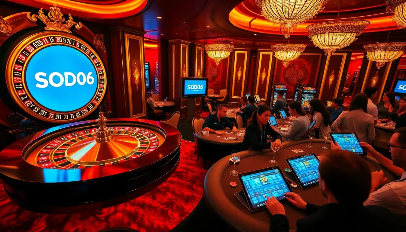 SODO66 online gamblers enjoying a luxurious casino atmosphere with poker tables and roulette wheels.