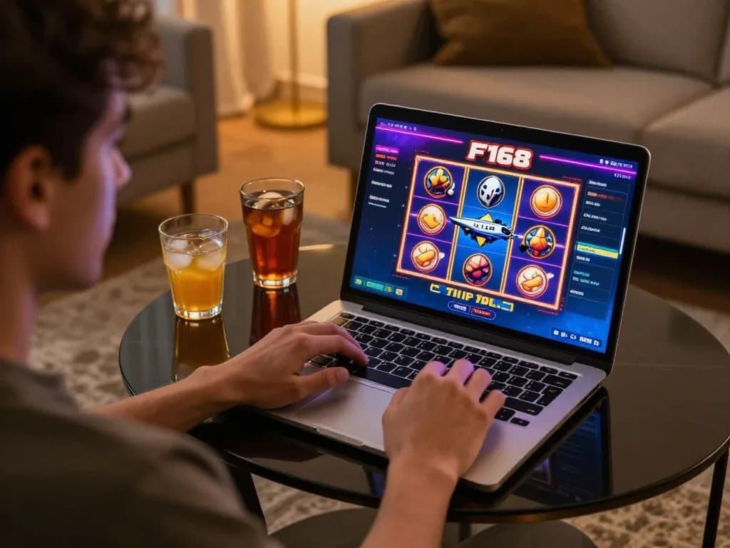 Player enjoying F168 online casino gaming on a laptop in cozy home setting.