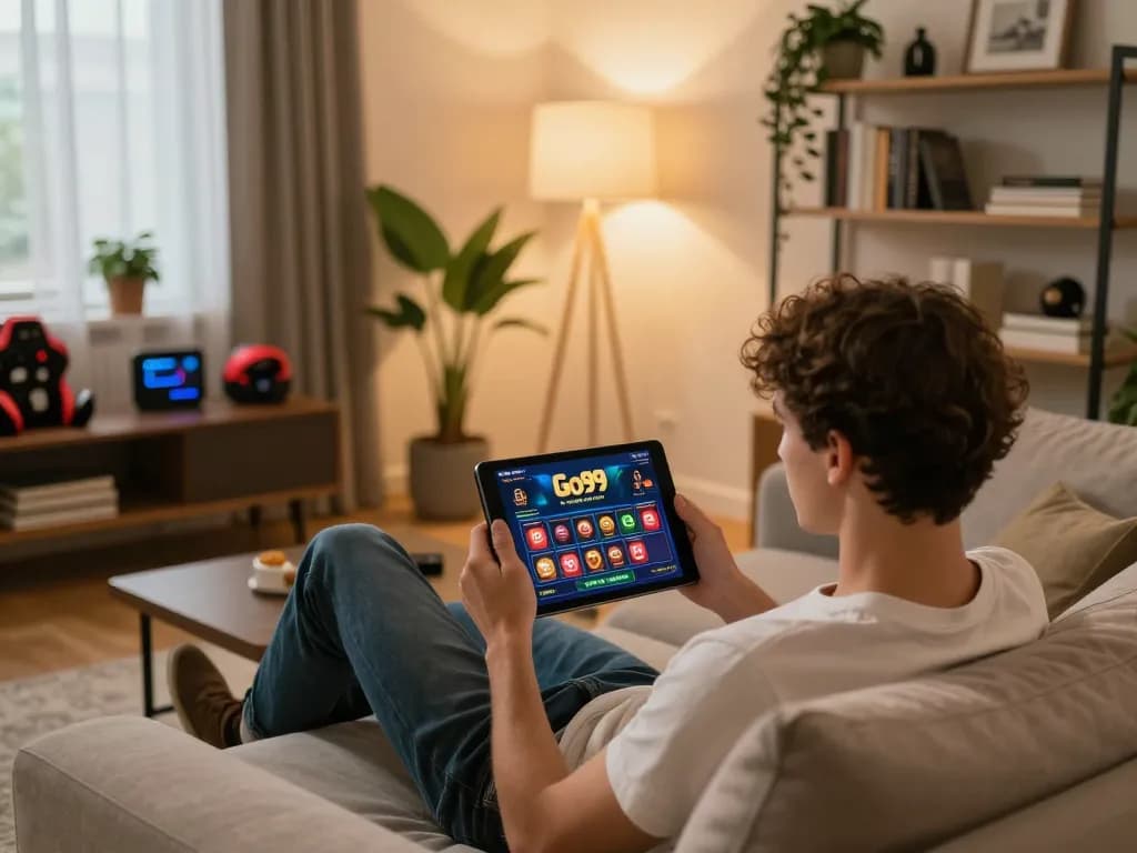 Engaged user plays casino games on Go99 app in a cozy living room setting.